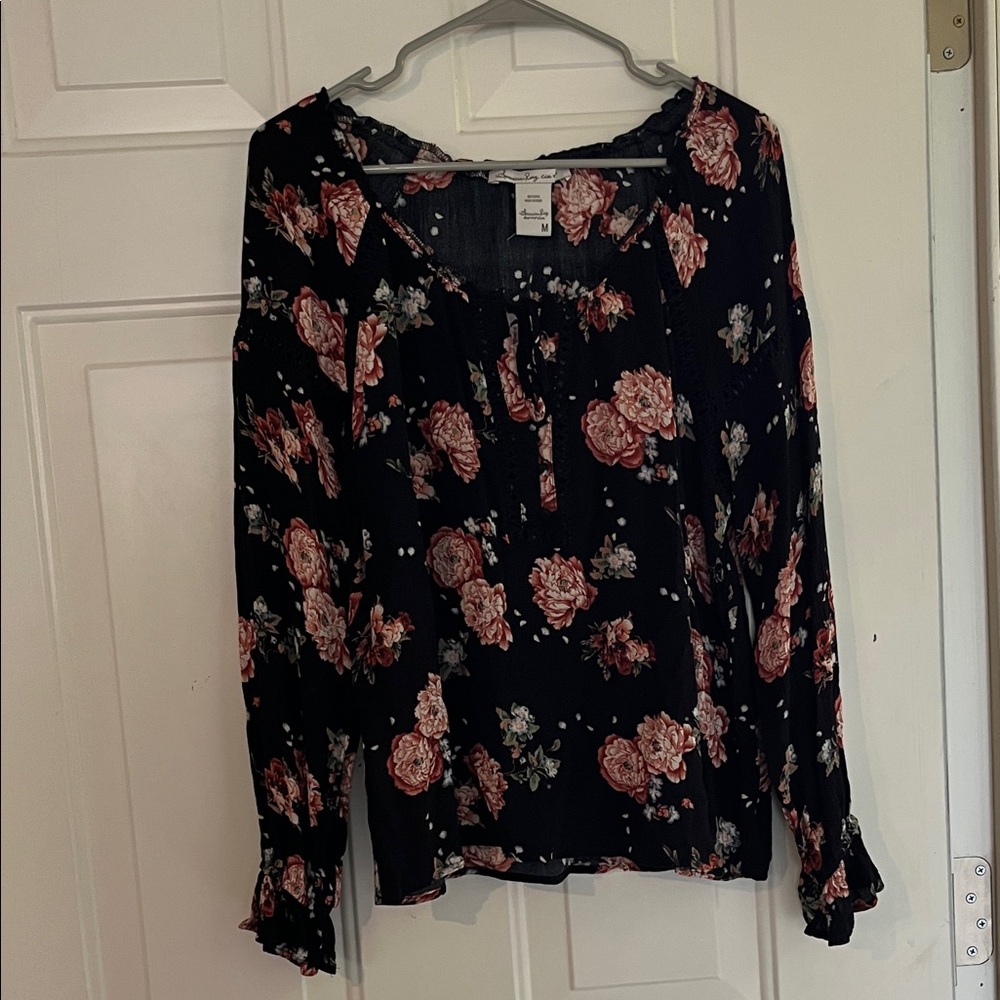 American Rag Black and Pink Floral Blouse